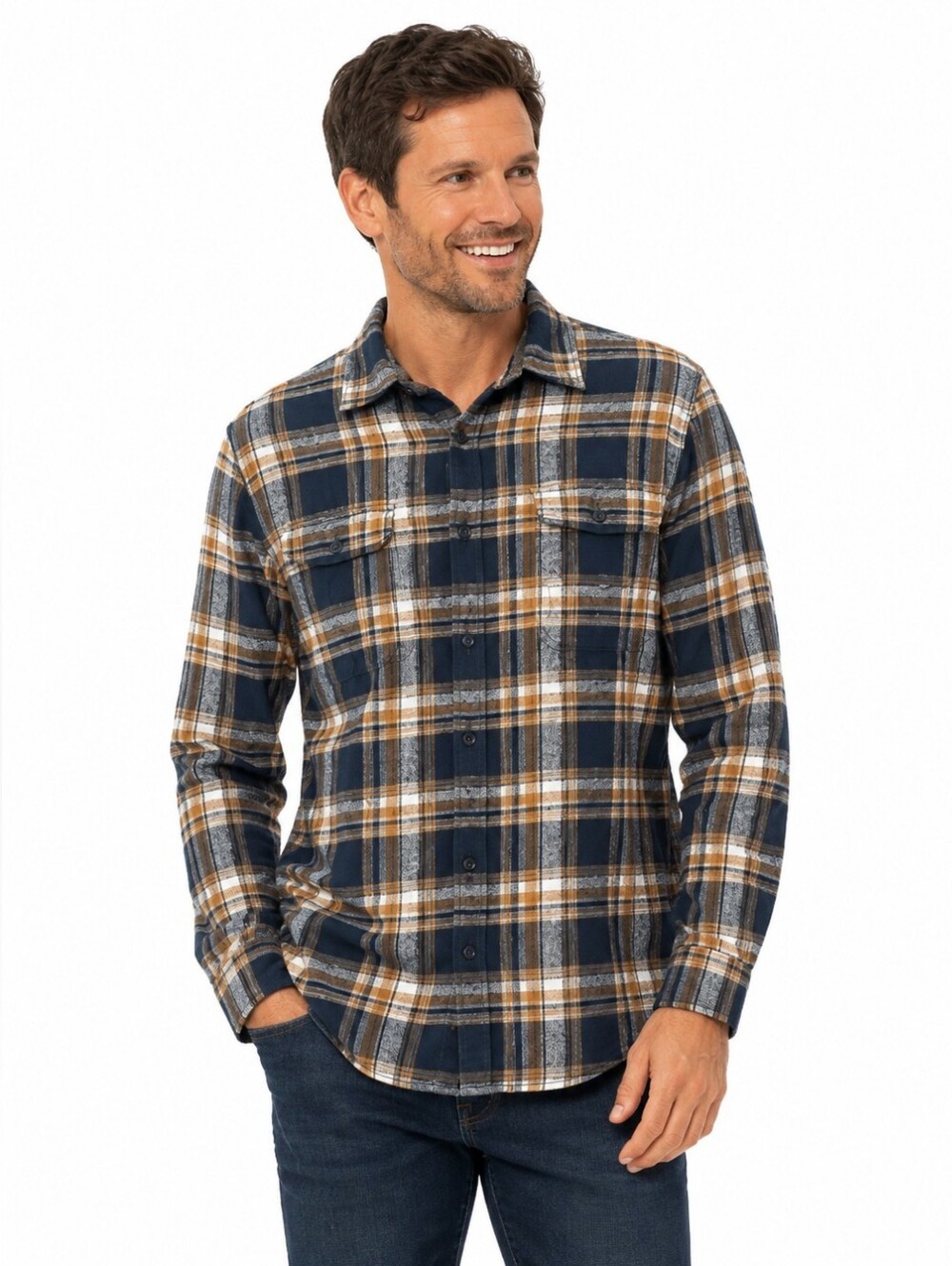 Lucky Brand Navy Beige Plaid Flannel Shirt Button Down Front Pockets Men's  M
